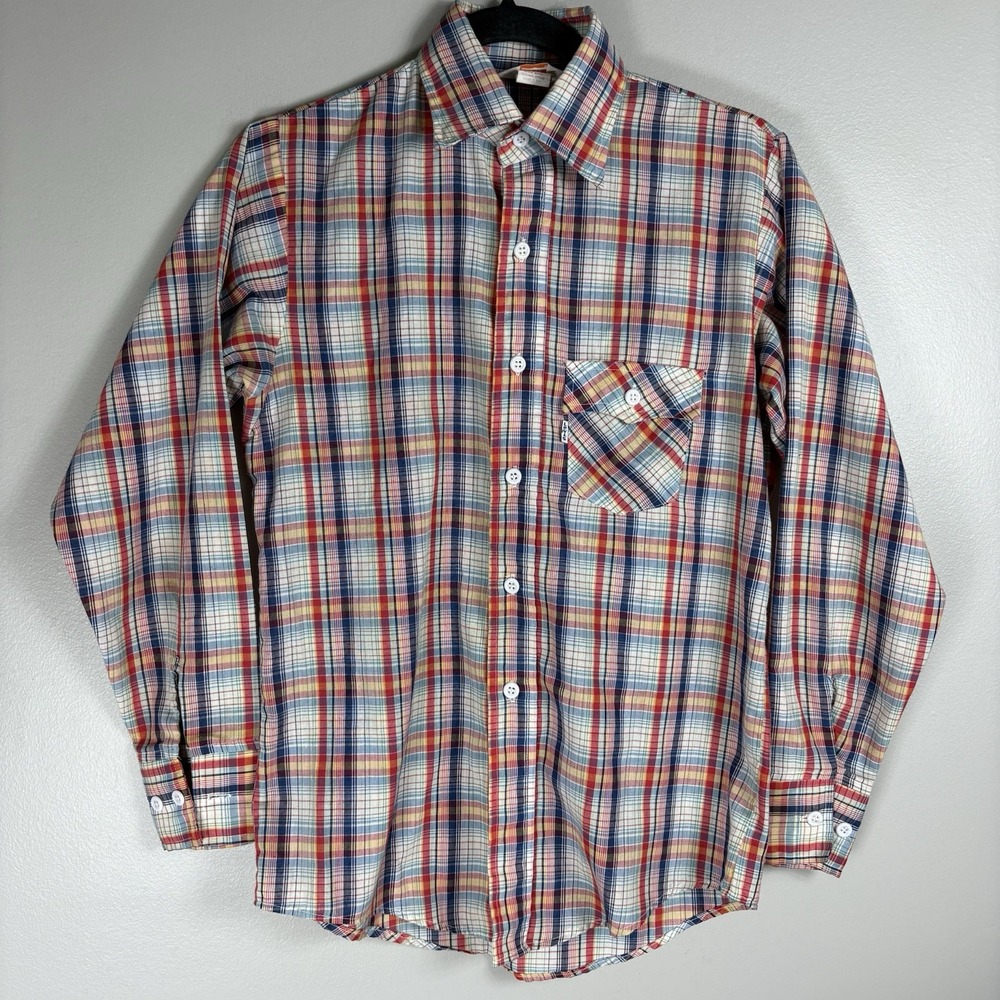 Vintage Levi's‎ Orange Batwing Multicolor Plaid Button Front Long Sleeve Shirt